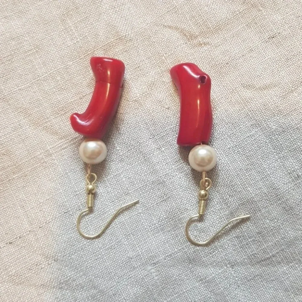 Patch & Roam Red Coral and faux pearl dangle earrings Habdmade Upcycle - Picture 4 of 5